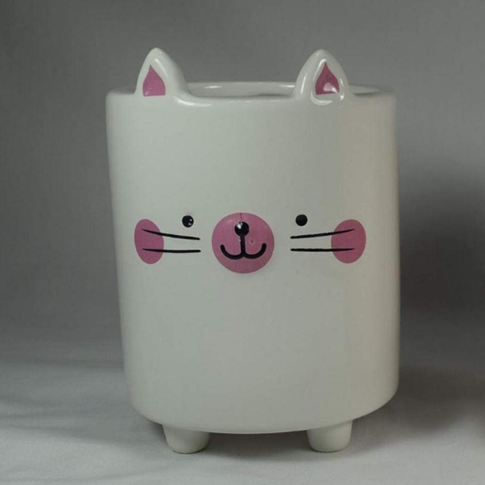 Cute Cat Ceramic Planter | 4.5" d x 5.5" h | White & Pink